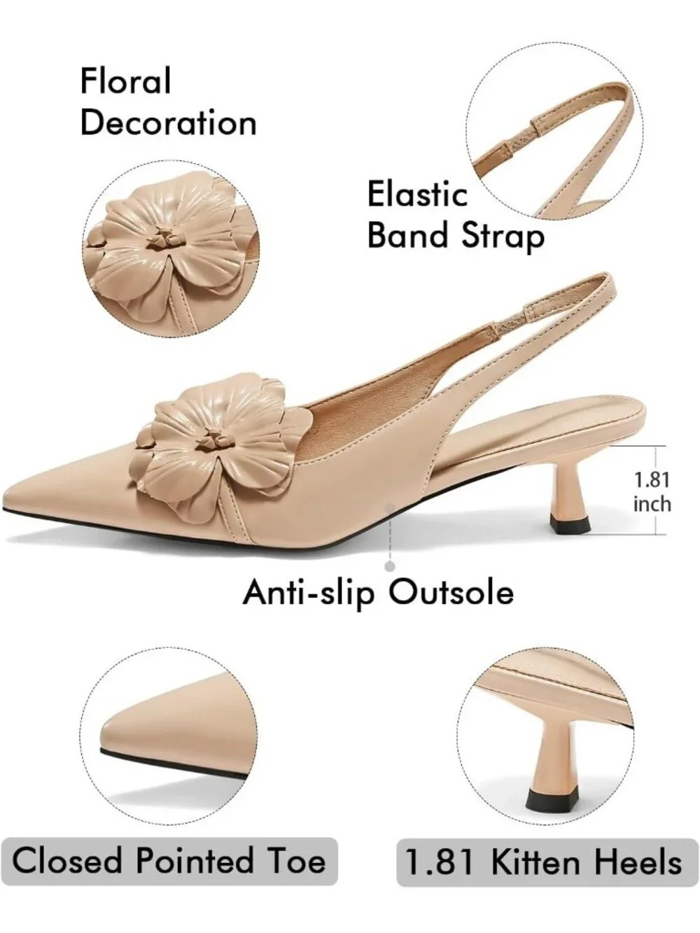 Women's Khaki Flower Closed Pointed Toe Slingback Kitten Heels Wedding Pumps